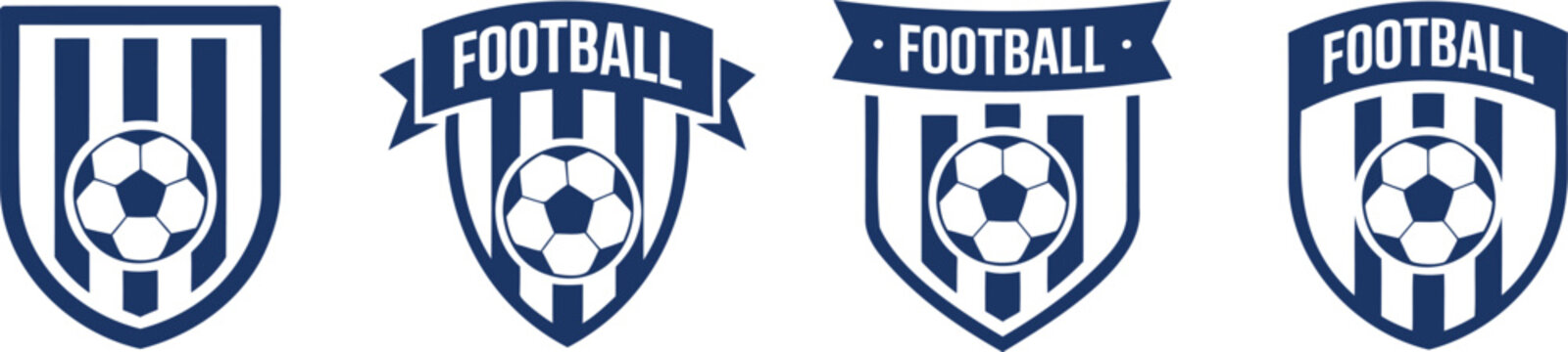 Four blue and white football crests with vertical stripes
