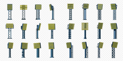 Set of various stadium floodlights and spotlights for sports arenas and outdoor events. © MuammarAuliyan
