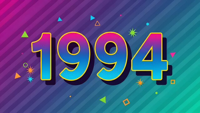 A colorful gradient number nineteen ninety four set against a vibrant purple and blue diagonal striped background