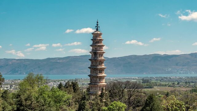 Ancient Pagoda Tower with Lake and Mountains Landscape