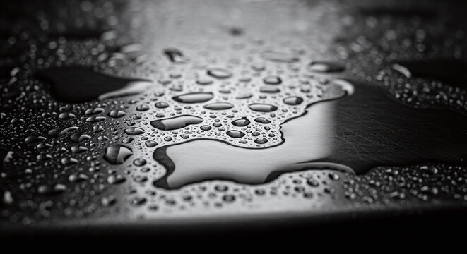 Close up of clear water droplets and puddles on a dark reflective surface with selective focus and dramatic lighting