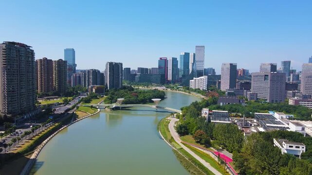 Chengdu Skyline with Jin River and Riverside Parks Aerial View