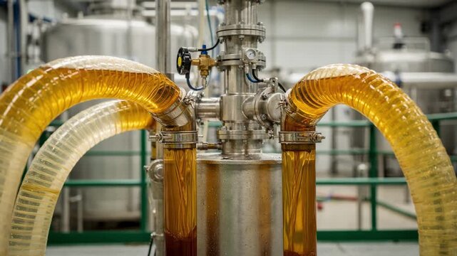 Medium shot of flexible hoses connecting to a biobased feedstock intake system focusing on automated machinery filtering renewable plant oils within a sustainable biorefinery