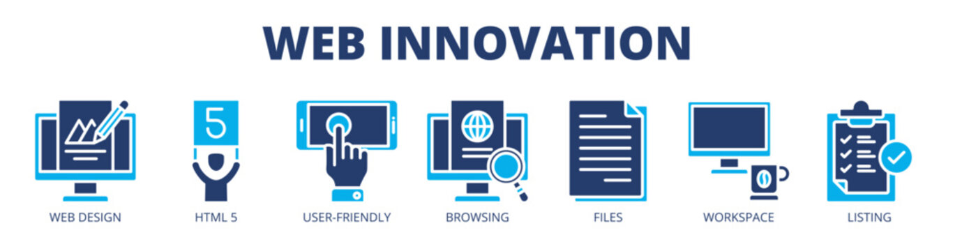 Web innovation web banner icon vector illustration concept with icon of web design, HTML5, user-friendly interface, browsing, files, workspace, and listing.