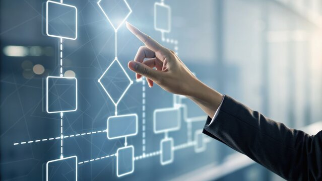 A person&rsquo;s hand interacts with a digital flowchart on a transparent screen, illustrating process mapping or decision-making in a high-tech business environment.