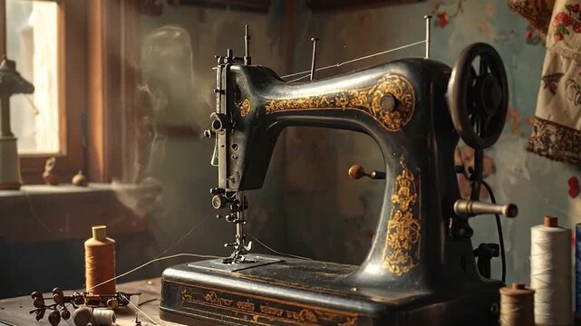 An antique sewing machine sits on a wooden table in a vintage room, with spools of thread.