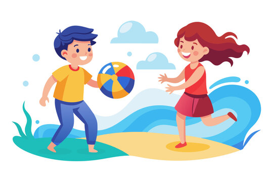 Children playing with colorful beach ball by ocean waves on a sunny day with blue sky and clouds