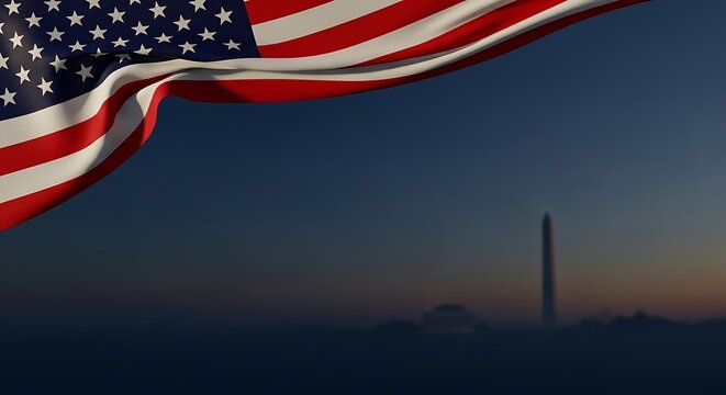 American flag waving in the wind at sunset with washington monument