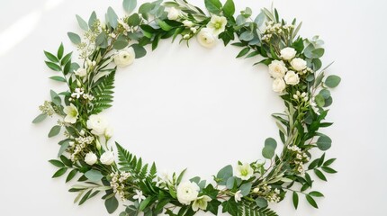 Fototapeta premium Floral Wreath: A captivating floral wreath, carefully arranged with delicate white blooms and lush greenery, providing an elegant frame for any occasion.