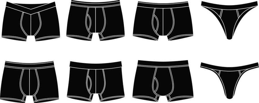 Black silhouette collection of men's underwear, boxer briefs, trunks, and thongs isolated on white background cad drawing flat vector illustration
