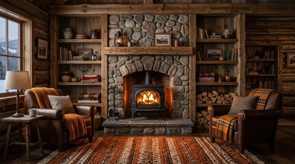 Naklejka premium Cozy Hearth and Home: A rustic, inviting cabin interior centers around a stone fireplace and wooden built-in bookcases, exuding warmth, tranquility, and the spirit of a secluded retreat. 