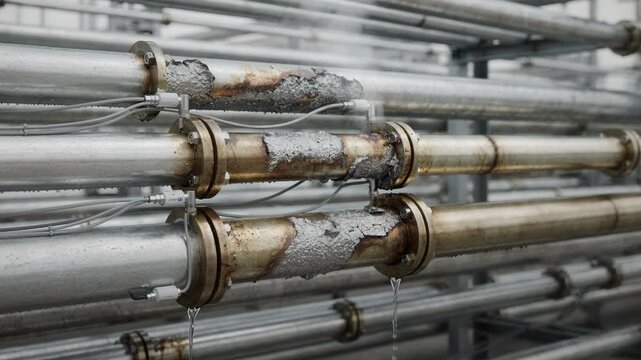 Medium shot showcasing electrical resistance sensors embedded in pipe racks detecting early metallic degradation by measuring changes in conductivity in corrosive environments.