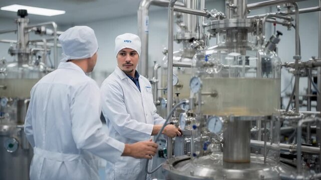 Medium shot of technicians adjusting a glasslined small batch reactor focusing on precise control valves and transparent vessel for chemical synthesis processes.
