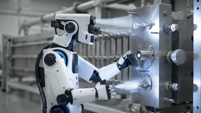 Medium shot of an autonomous robot scanning and inspecting filter press components with advanced sensors emphasizing realtime monitoring and fault detection capabilities.