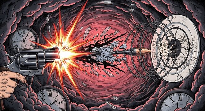 A hand fires a revolver, shattering a clock face with time-bending effects