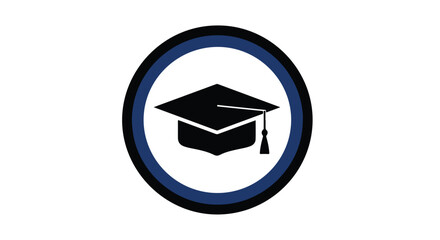Flat design illustration of a graduation cap in a blue and black circle on white background