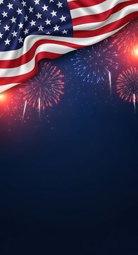 American flag waving with fireworks on a dark blue night sky background