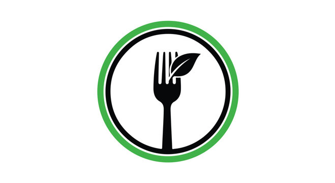 Logo of a fork with a leaf on a white background surrounded by a green and black circle