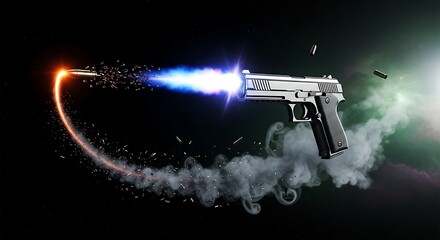 Obraz premium A handgun fires a bullet, with effects of smoke, light, and a dynamic orange trail