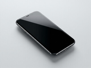 Modern smartphone with a sleek black screen and reflective surface, angled on a clean light gray background, ideal for technology mockups and digital product displays.