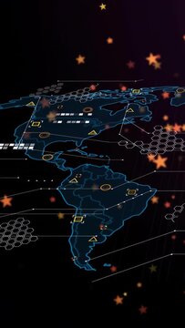 System booting, neon Americas map appearing centered tech layering with hex grids, stars drifting