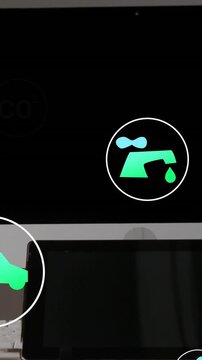 UI waking, icons moving above monitor, faucet growing, car fading, CO?, euro showing green metrics