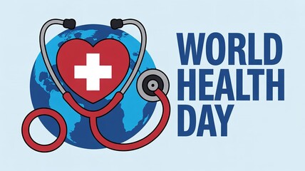 World health day poster with stethoscope and heart on globe symbolizing global health awareness and medical care