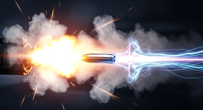 A high-speed bullet streaks across a dark background, highlighted by fire, smoke, and energy trails