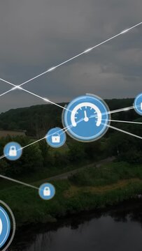 Central node appearing, HUD overlay forming web and moving nodes over river, visualizing security