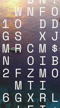 Vertical video: Green-yellow boat drifting over reef while cycling text grid masking scene for tech