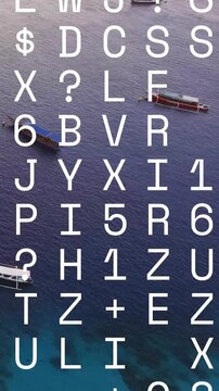 Vertical video: Automated glyph overlay scrolling over sea, revealing boats, mapping depth for tech