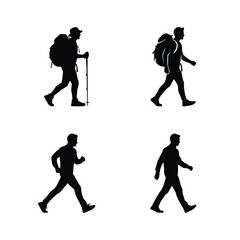 Silhouettes of hikers and walkers with backpacks on white background