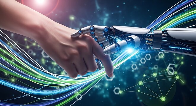 A human hand grasps a robotic hand amid glowing lines, symbolizing tech collaboration