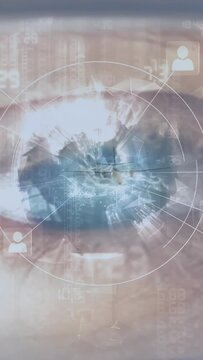 Vertical video: Single eye holding gaze, plane appearing on iris, starting HUD radar for aviation