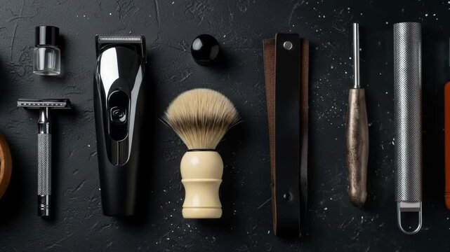 A collection of men's grooming tools and accessories arranged on a dark surface