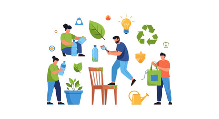 Fototapeta premium Sustainable Living Concept: People Recycling, Upcycling & Reusing Materials. Eco-Friendly Practices, Waste Reduction & Environmental Protection.