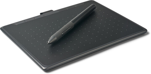 black graphic tablet and plastic pen isolated white background, digital drawing device mockup template with function buttons, rubberized stylus grip © Shamil