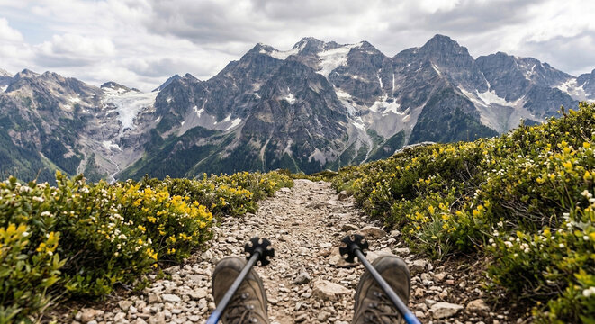 First person point of view of a hiker walking on a rocky mountain trail with trekking poles and hiking boots, surrounded by yellow wildflowers and overlooking majestic snow-capped peaks and glaciers