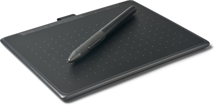 black graphic tablet and plastic pen isolated white background, digital drawing device mockup template with function buttons, rubberized stylus grip