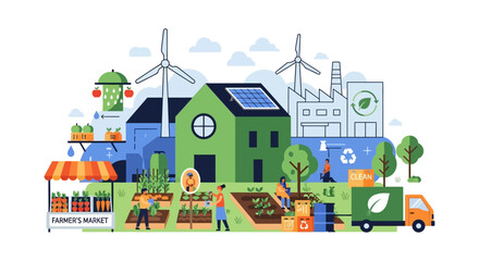 Naklejka premium Sustainable Living and Eco-Friendly Production Illustration with Urban Farming, Renewable Energy, and Recycling