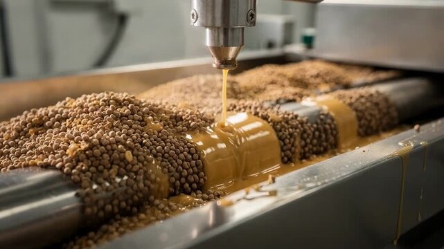 Medium shot of wax encapsulation equipment gently sealing fertilizer particles with a protective wax layer to enhance slow nutrient dissolution and soil efficiency.