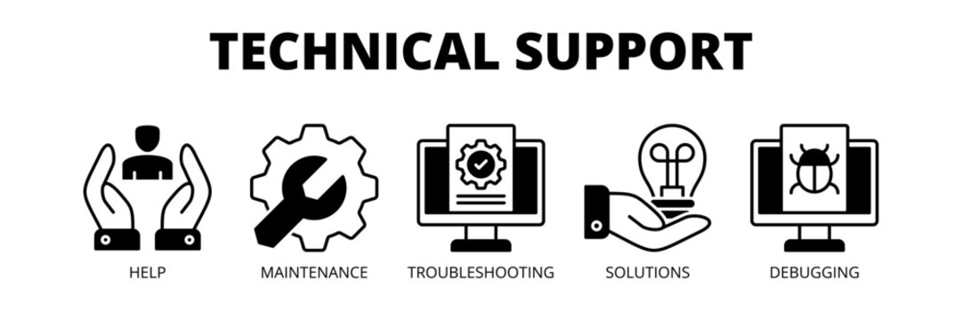 Technical Support web banner icon vector illustration concept for IT services with icons of help desk, maintenance service, troubleshooting, technical solutions and debugging.