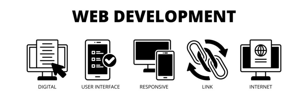 Web Development web banner icon vector illustration concept for web solutions with icons of digital platform, user interface, responsive design, connectivity and internet technology.