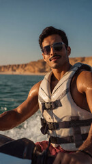 Fototapeta premium A very handsome Omani male model riding a watercraft in a serene desert lake environment from a close-up viewpoint during the daytime