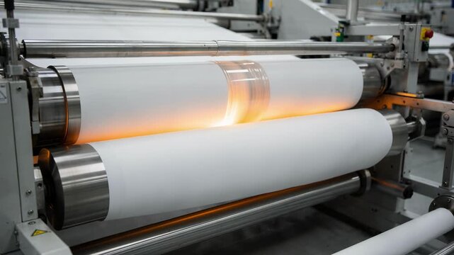 Medium framing of hotmelt adhesive lamination showing heated rollers fusing two paper webs seamlessly in a dynamic factory setting.