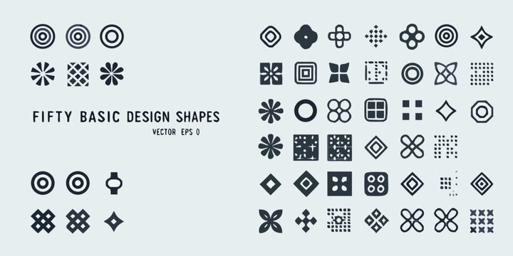 Fifty basic design shapes arranged in a grid pattern illustration