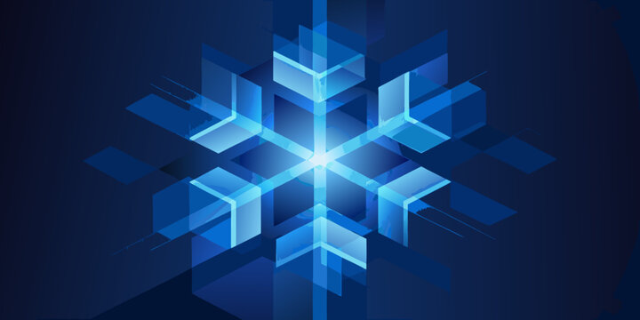Abstract geometric snowflake design with vibrant blue and white hues