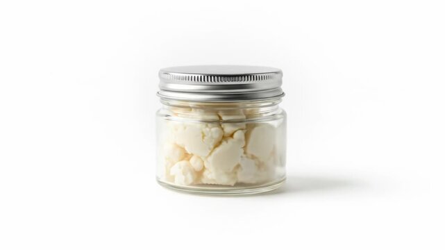 A small glass jar with a silver screw-top lid containing white crumbly material