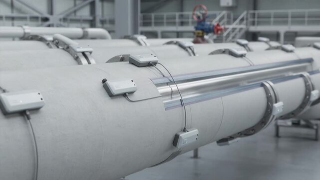 Wireless corrosion monitoring sensors attached to insulated pipes capturing realtime thickness data for preventative maintenance in industrial settings.