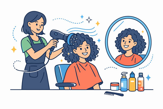 Hairdresser using hair dryer with diffuser on happy client's curly hair in beauty salon